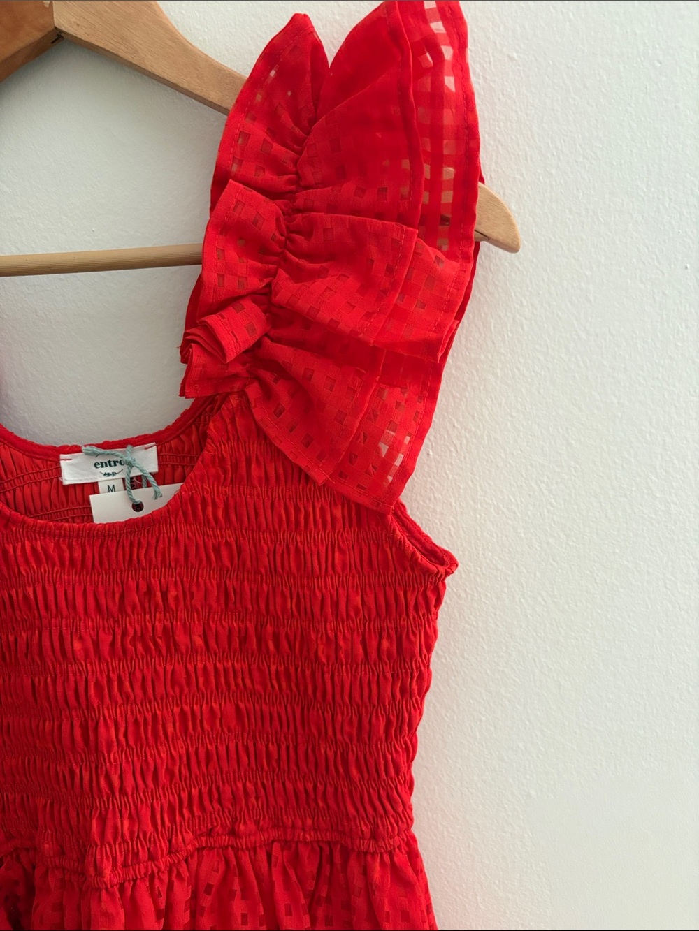 entro Bright Red Smocked Tank with Ruffle Shoulder
